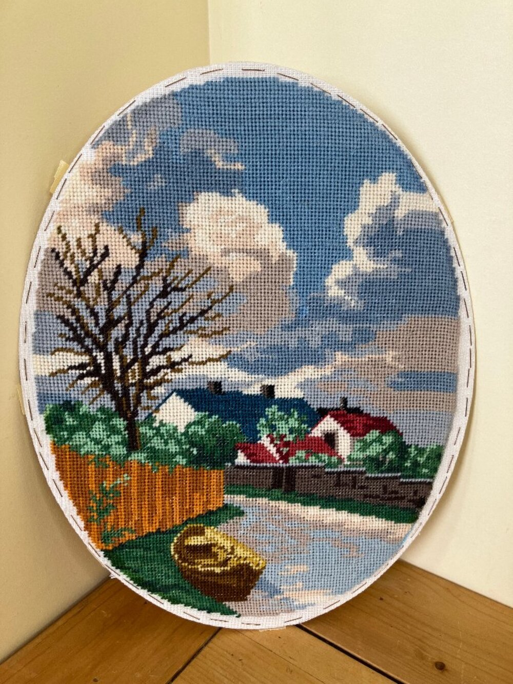Riverside Country Village Completed Needlepoint Vintage Oval Hand Embroidery